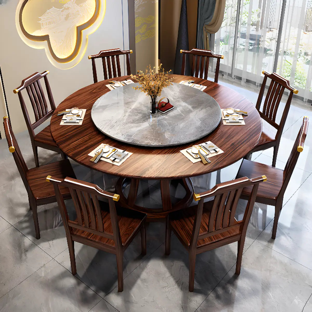 Grey Stone Top Brown Wood Round Dining Table Set for 8 Image - 1