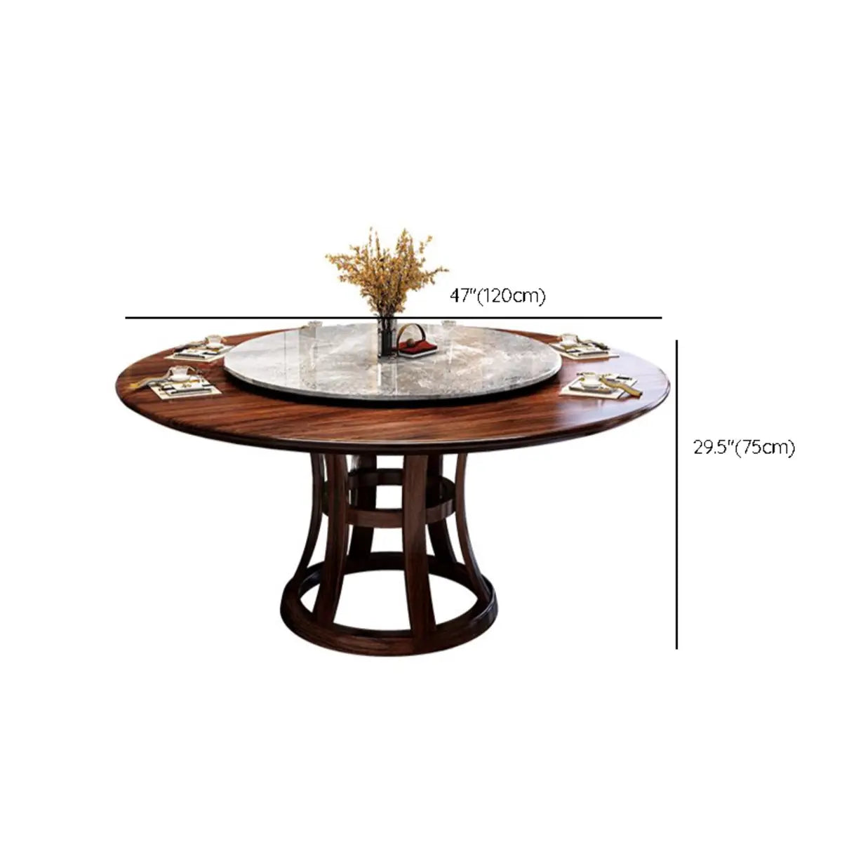 Grey Stone Top Brown Wood Round Dining Table Set for 8 