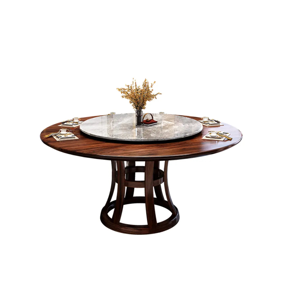 Grey Stone Top Brown Wood Round Dining Table Set for 8 Image - 2