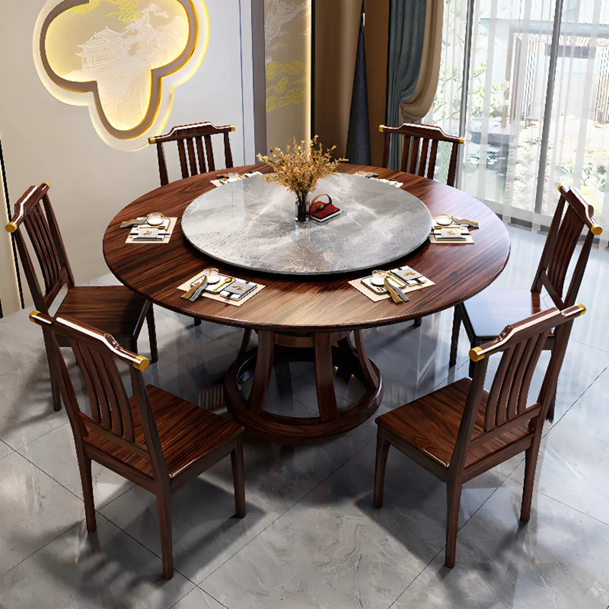 Grey Stone Top Brown Wood Round Dining Table Set for 8 Image - 4