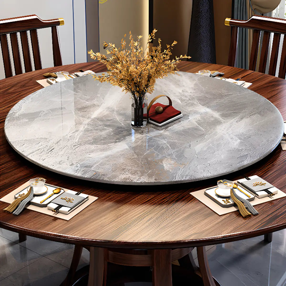 Grey Stone Top Brown Wood Round Dining Table Set for 8 Image - 6