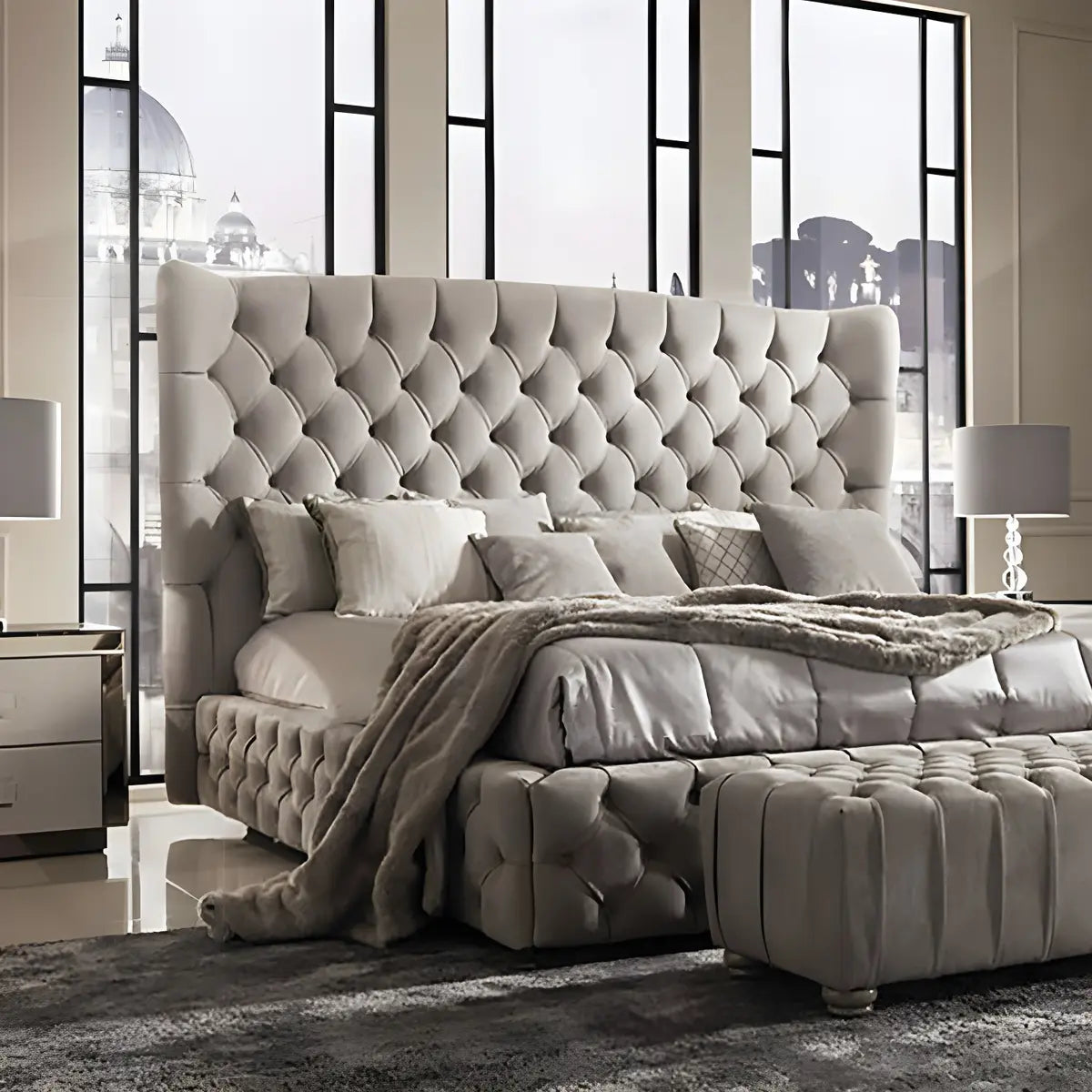 Grey Tufted Upholstered Camelback Wingback Headboard Image - 2