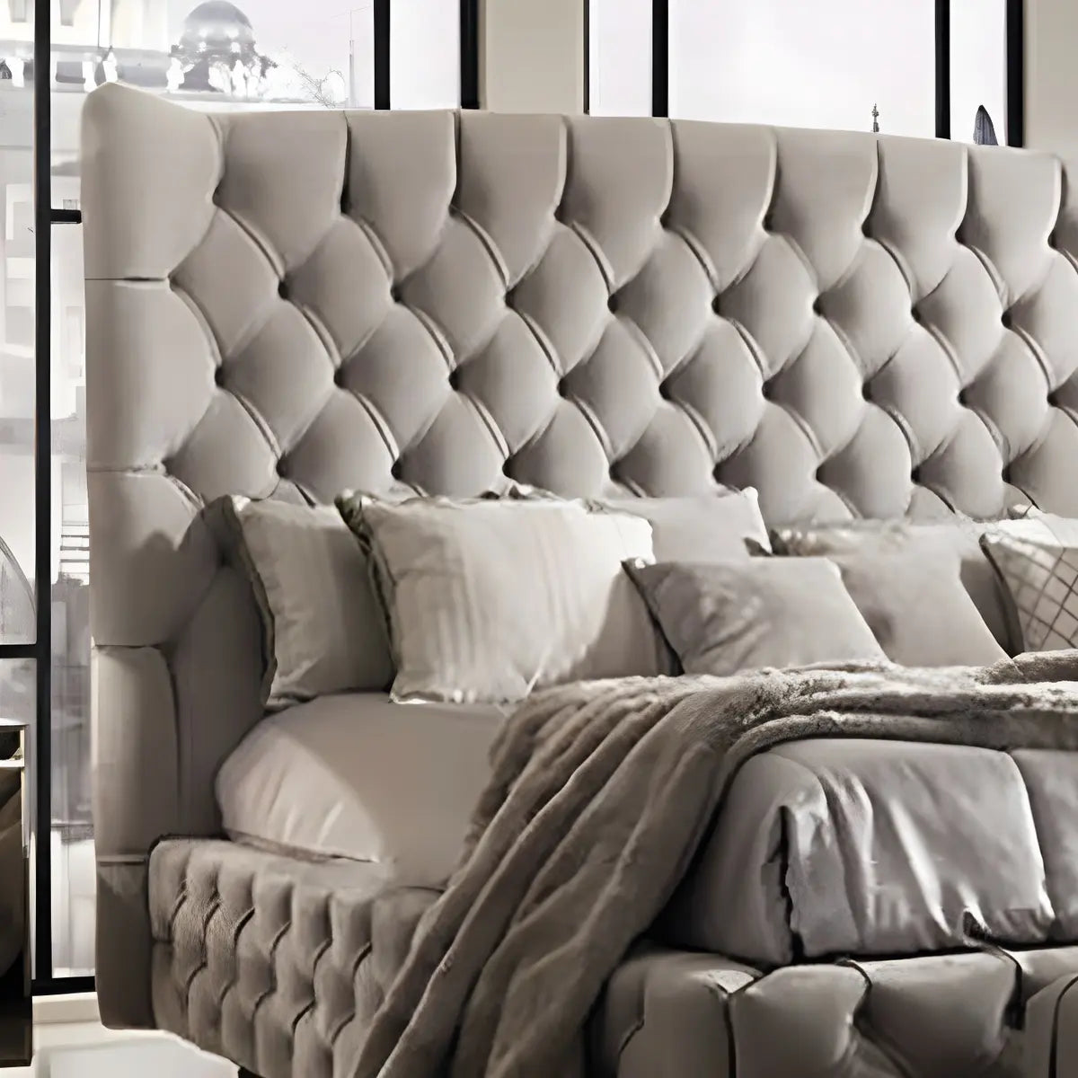 Grey Tufted Upholstered Camelback Wingback Headboard Image - 6