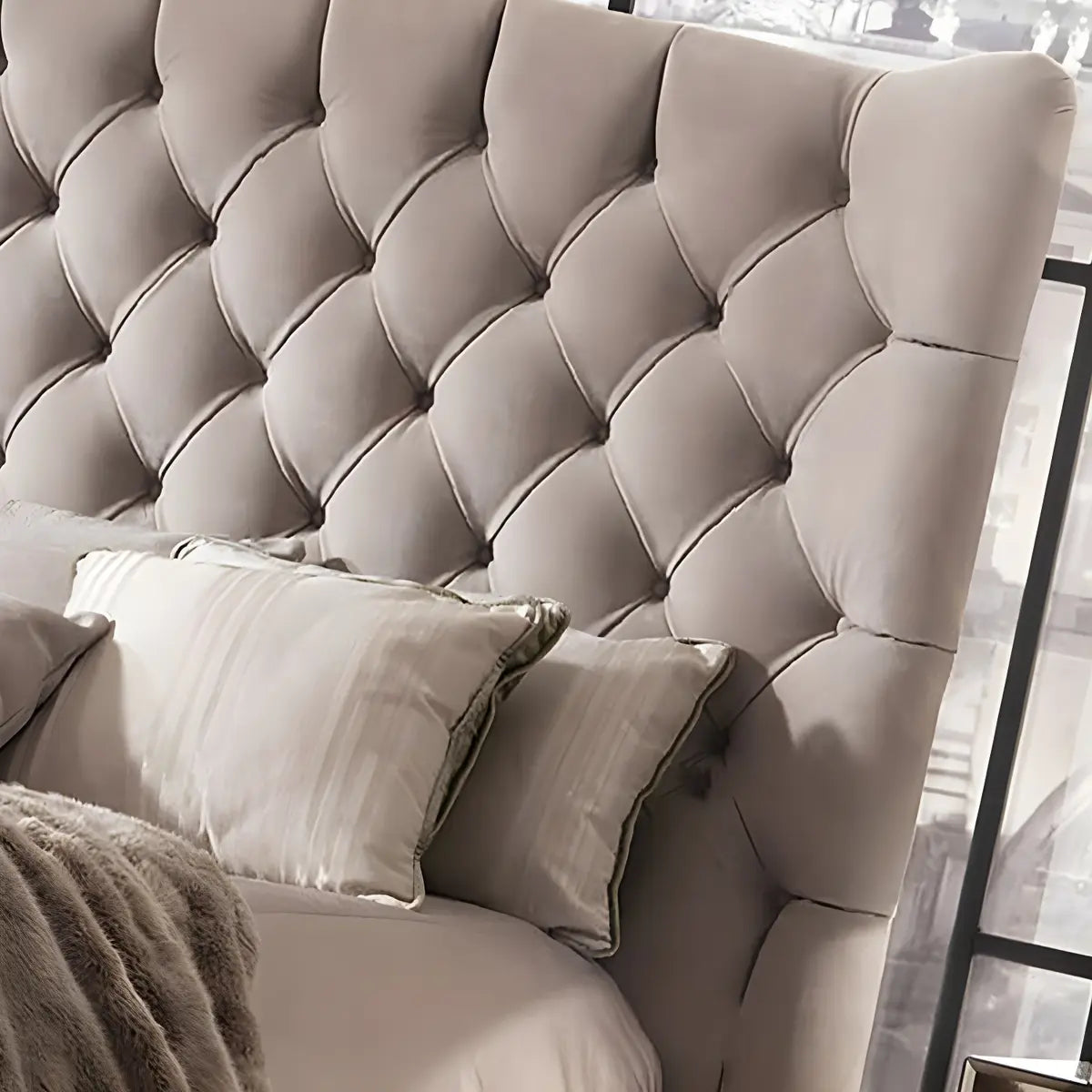 Grey Tufted Upholstered Camelback Wingback Headboard Image - 7