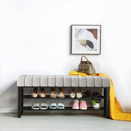 Grey Upholstered Entryway Bench with Shoe Storage Image - 1