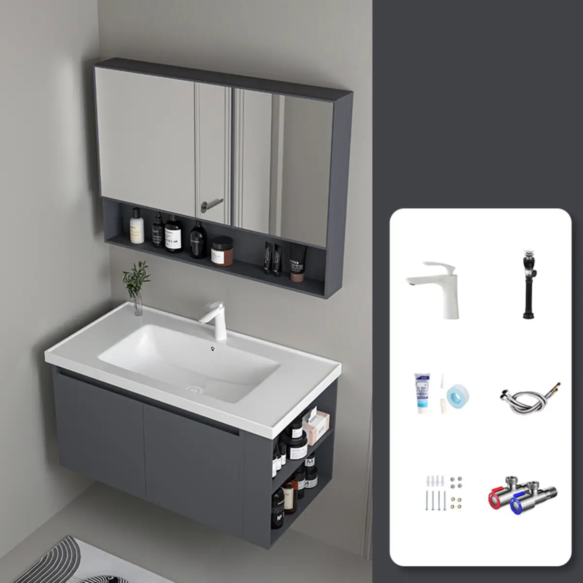 Grey Wall-Mounted Storage Bathroom Vanity with Cabinet Image - 7