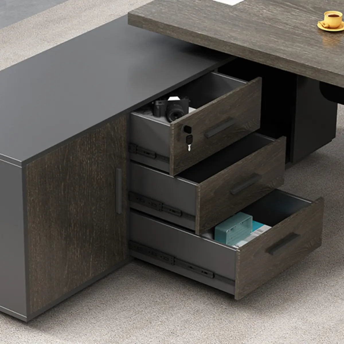 Grey Wood Cable Cabinet Drawers L-Shape Executive Desk Image - 8