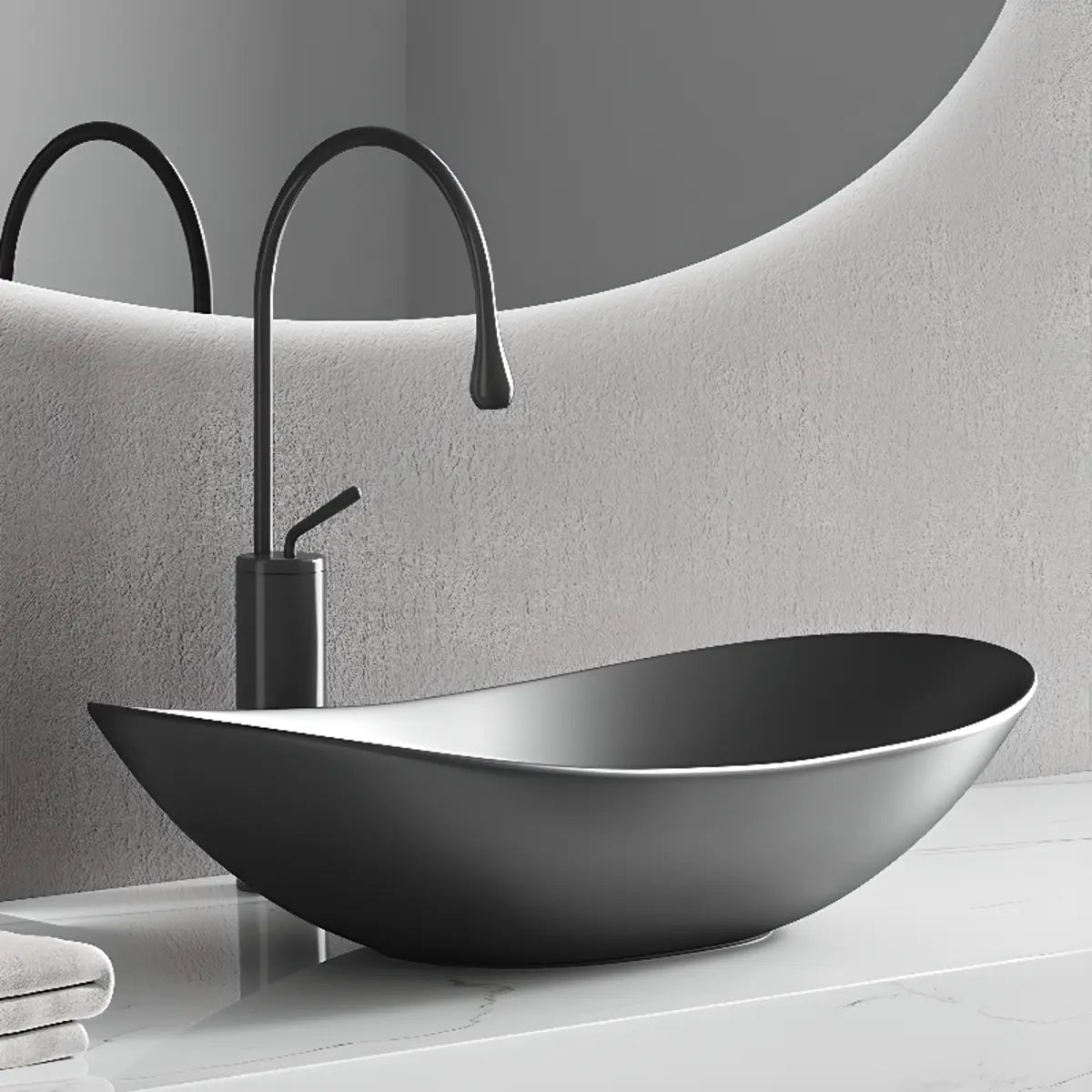 Gun Grey Oval Ceramic Vessel Sinks with Center Trapway Image - 1