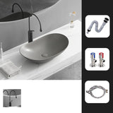 Gun Grey Oval Ceramic Vessel Sinks with Center Trapway Image - 35