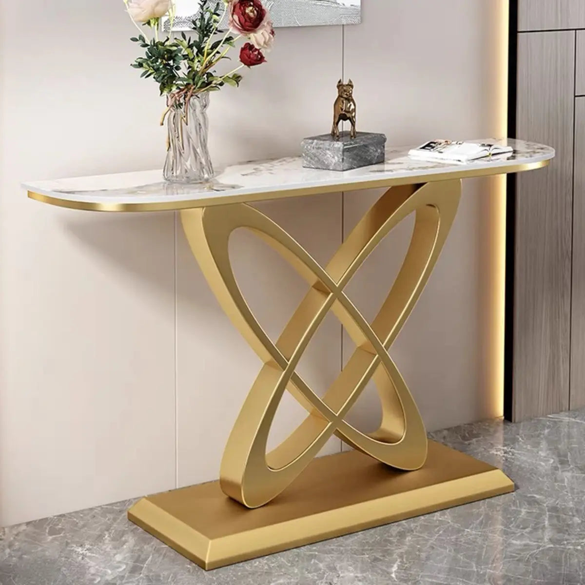 Half-circle Marble Gold Metal Base Entry Console Table Image - 1