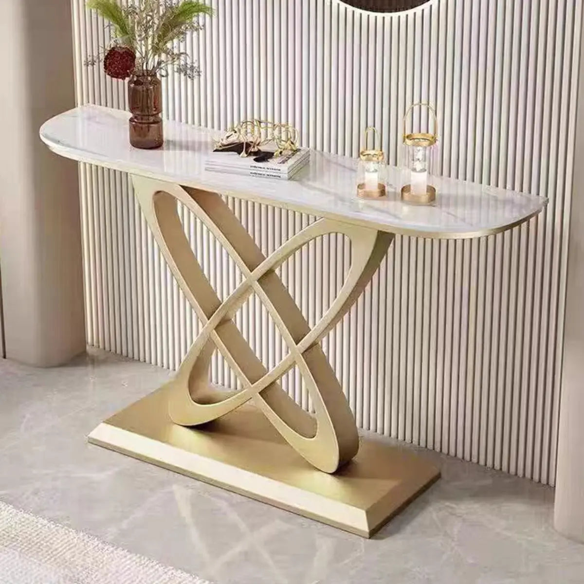 Half-circle Marble Gold Metal Base Entry Console Table Image - 11