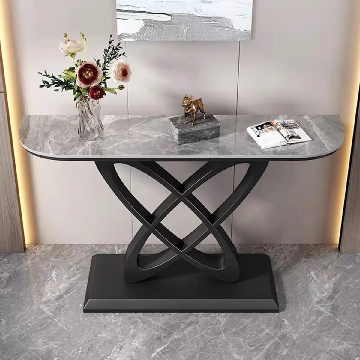 Half-circle Marble Gold Metal Base Entry Console Table Image - 2