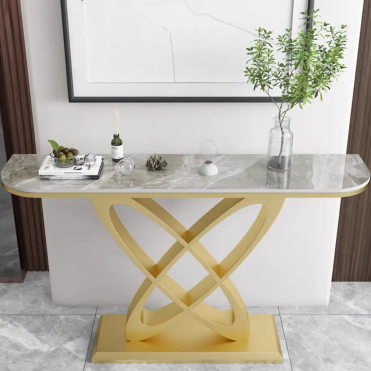 Half-circle Marble Gold Metal Base Entry Console Table Image - 7