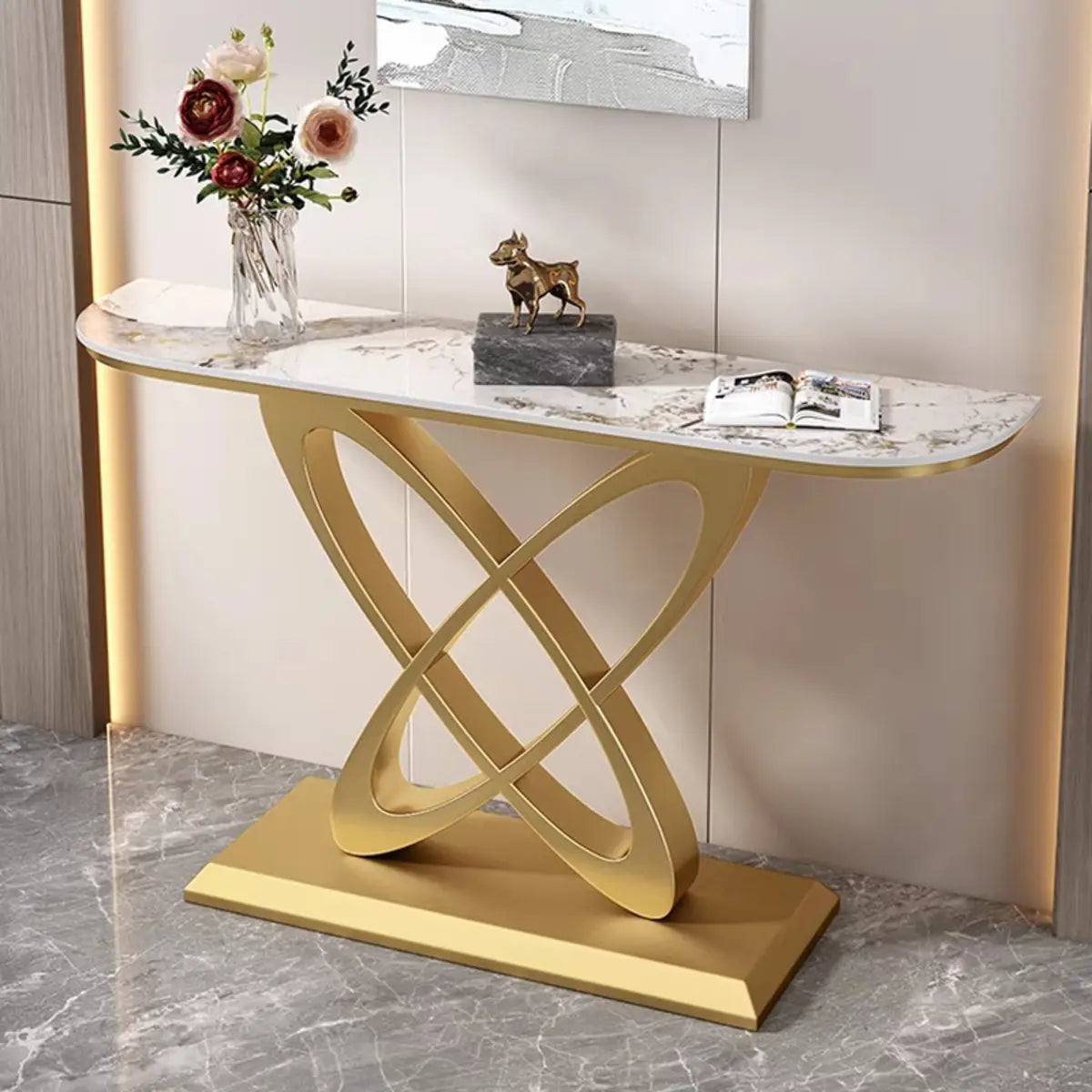 Half-circle Marble Gold Metal Base Entry Console Table Image - 9