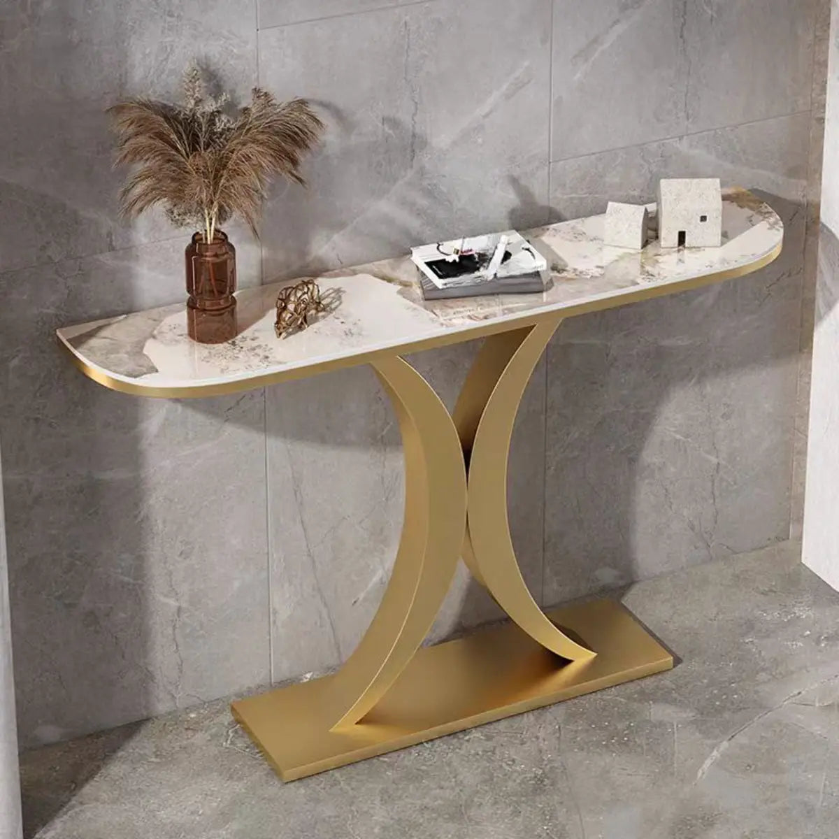 Half-Circle Marble Rose Gold Entryway Console Table Image - 7