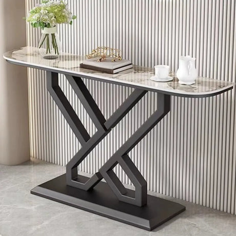 Half-Circle Marble White Gold Cross Legs Console Table Image - 2