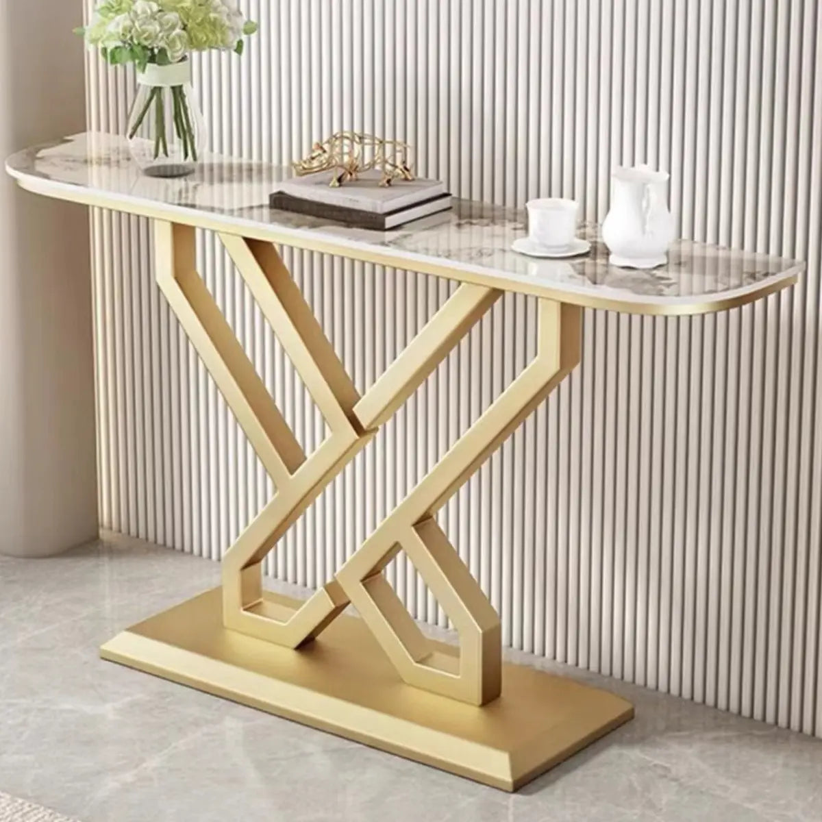 Half-Circle Marble White Gold Cross Legs Console Table Image - 3