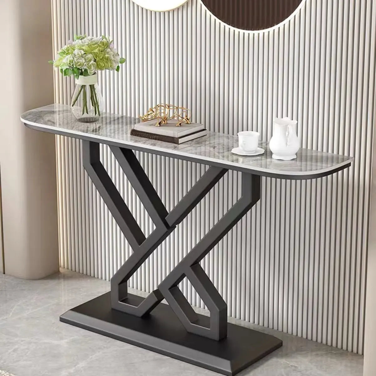 Half-Circle Marble White Gold Cross Legs Console Table Image - 5