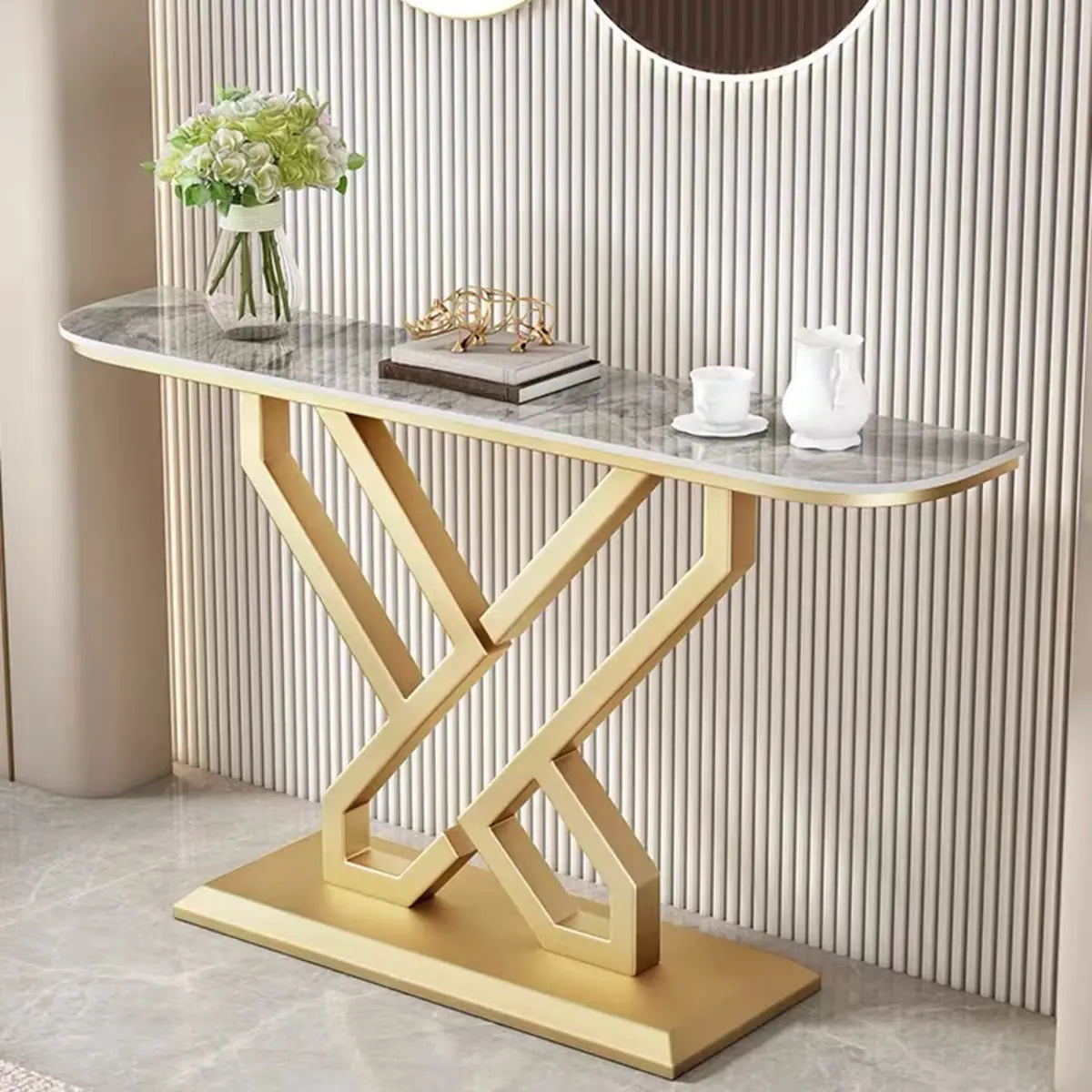 Half-Circle Marble White Gold Cross Legs Console Table Image - 7