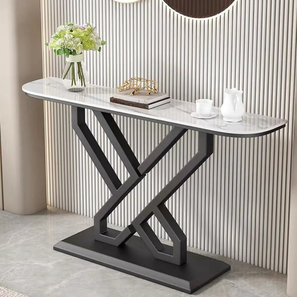 Half-Circle Marble White Gold Cross Legs Console Table Image - 9