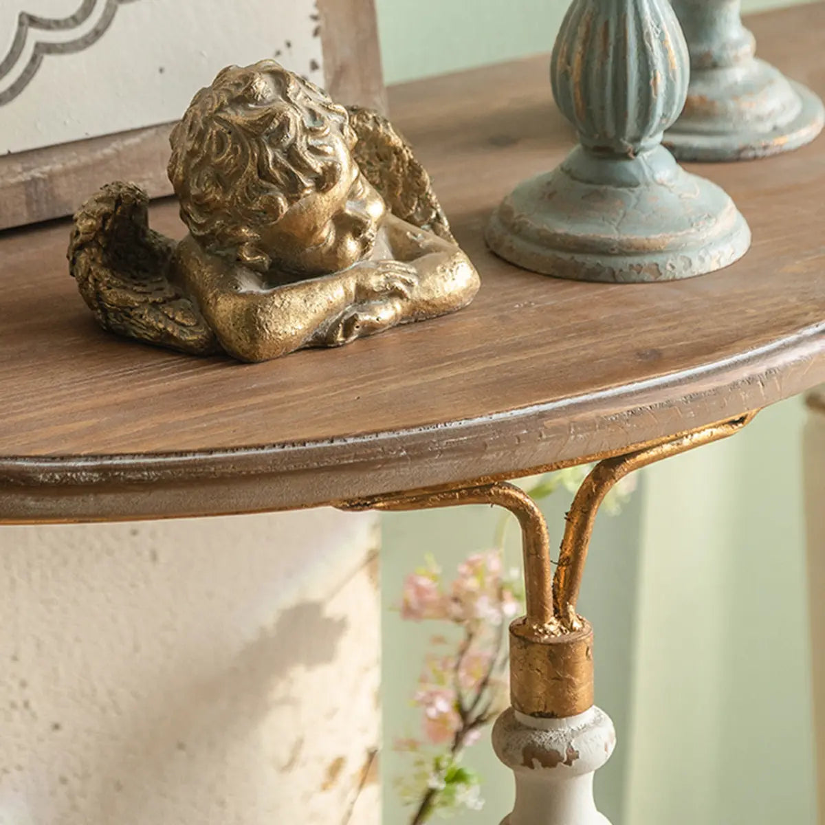 Half Moon Brown Distressed Wood Three Legs Console Table Image - 4