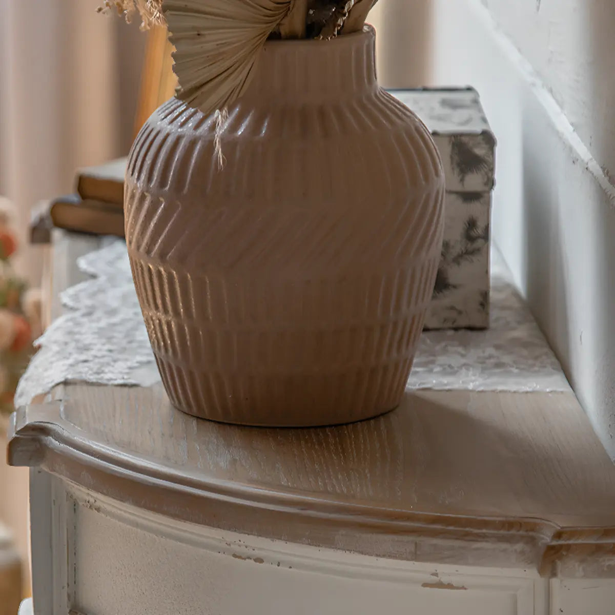 Half-Moon Distressed Wood White Console Table with Storage Image - 14