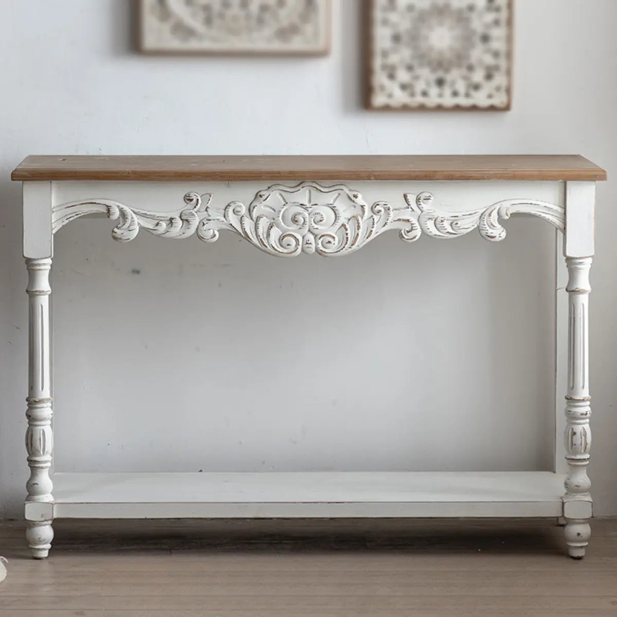 Half-Moon Distressed Wood White Console Table with Storage Image - 15