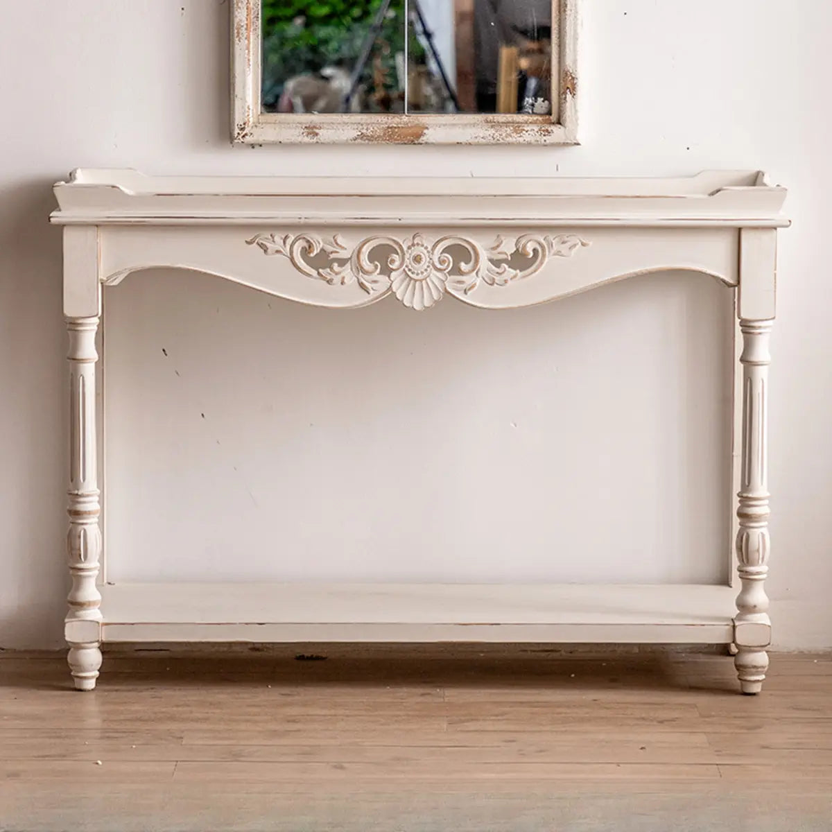 Half-Moon Distressed Wood White Console Table with Storage Image - 17