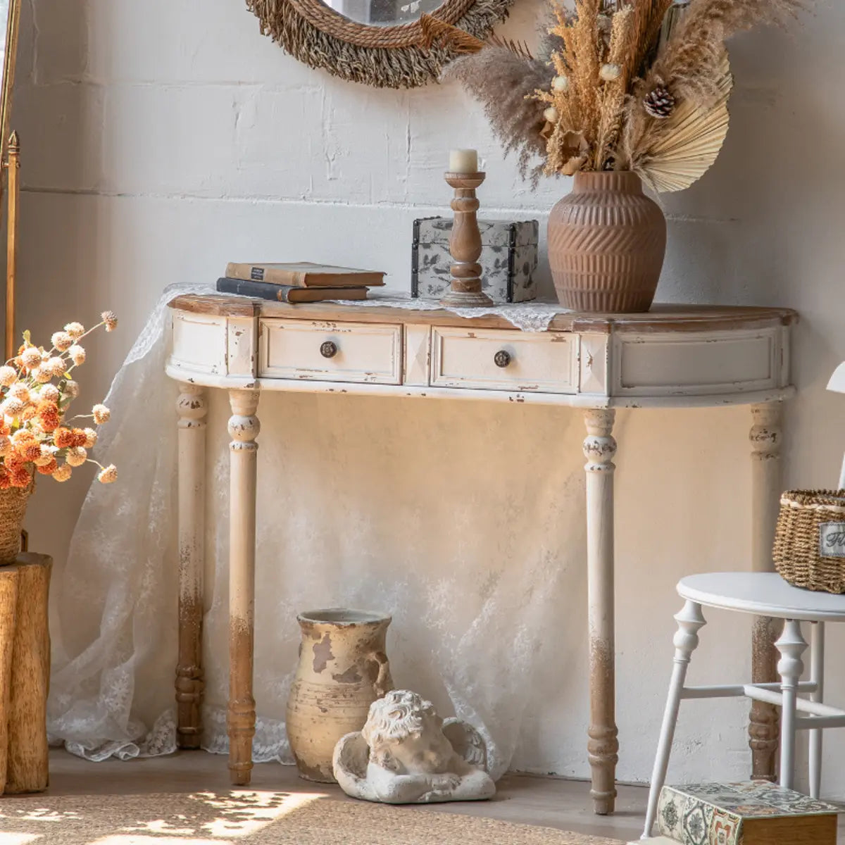 Half-Moon Distressed Wood White Console Table with Storage Image - 3