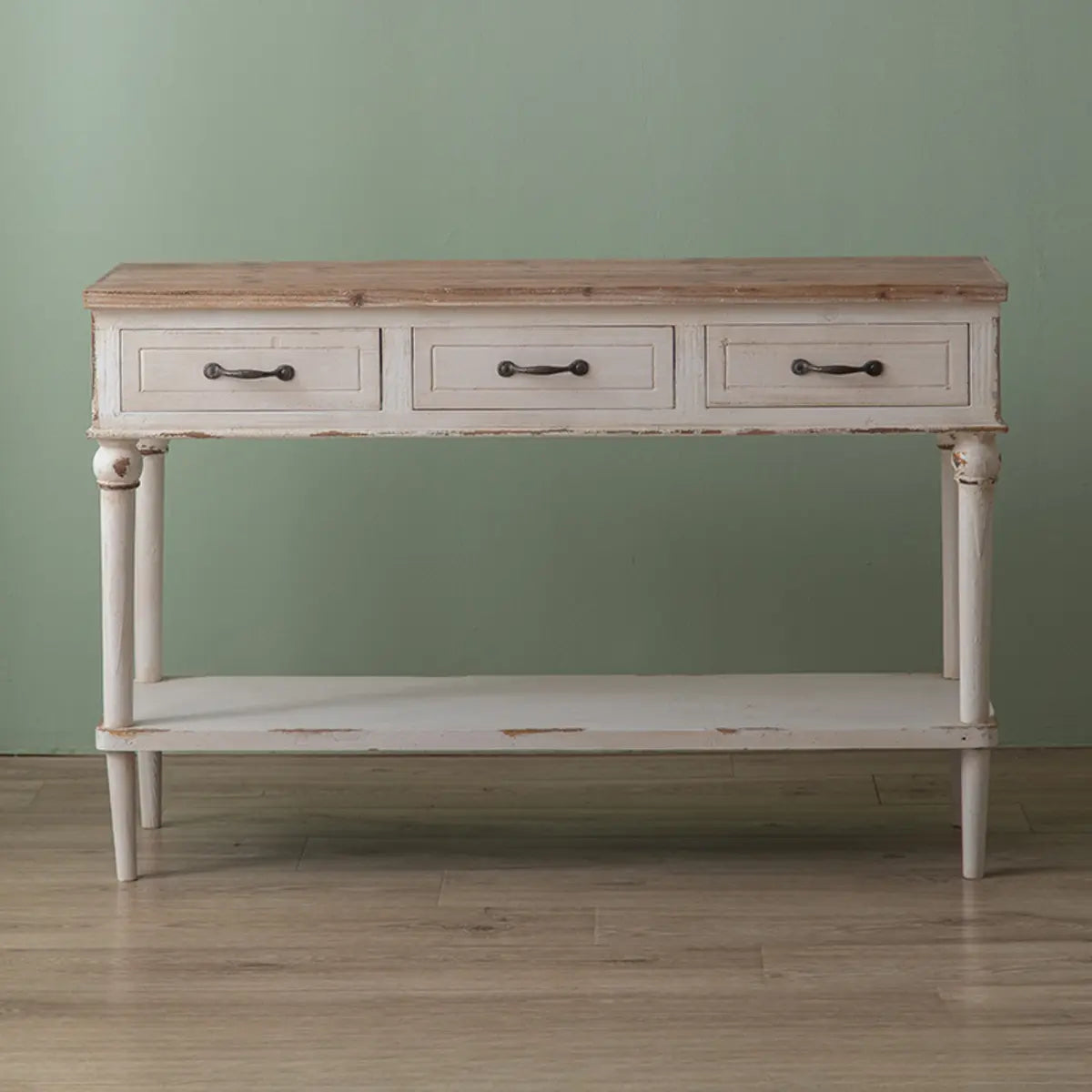 Half-Moon Distressed Wood White Console Table with Storage Image - 4