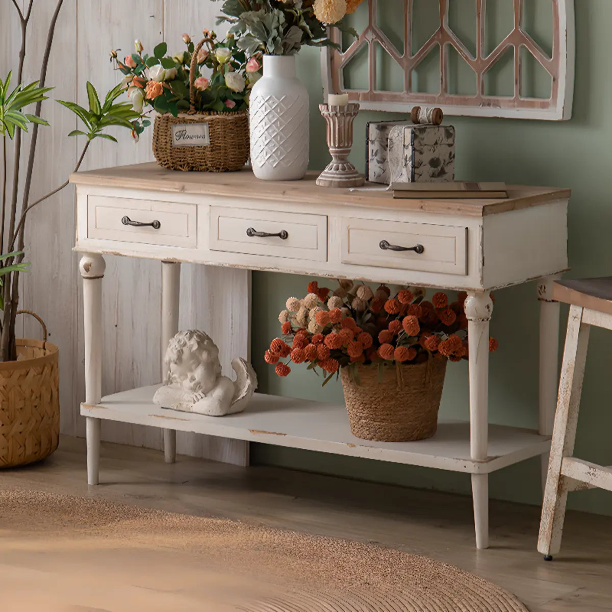 Half-Moon Distressed Wood White Console Table with Storage Image - 5