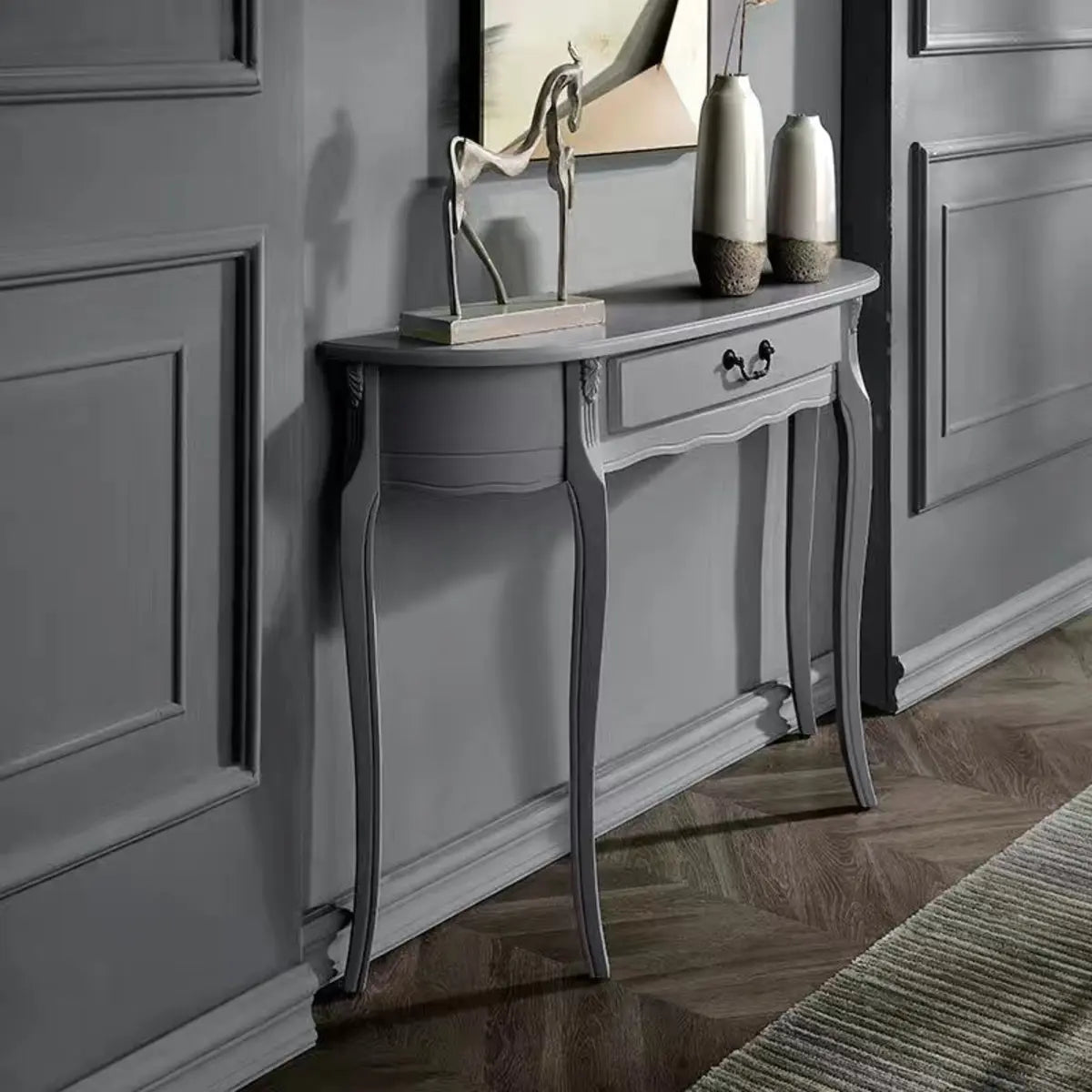 Half Moon Wood Grey Storage Console Table with Drawers Image - 2