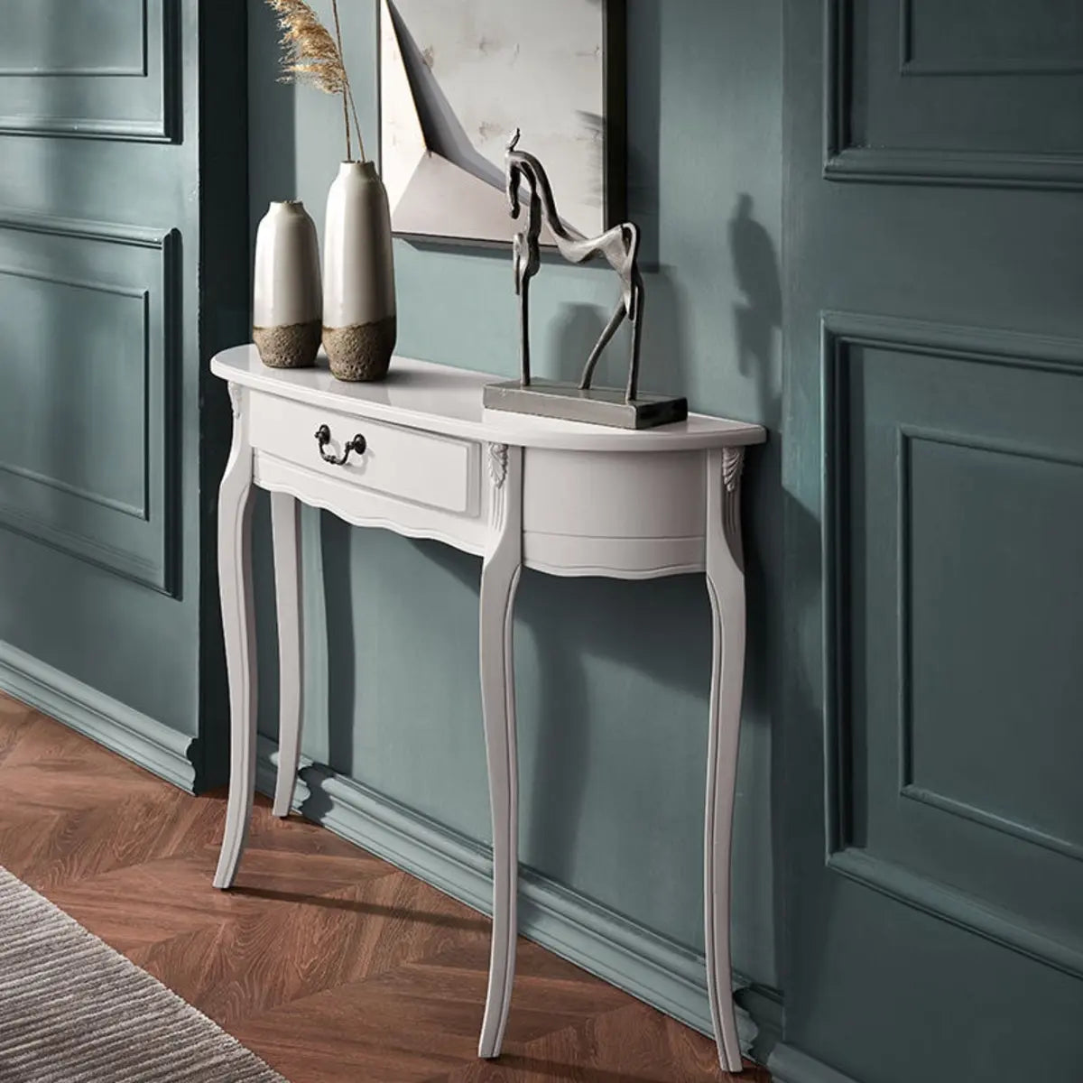 Half Moon Wood Grey Storage Console Table with Drawers Image - 3