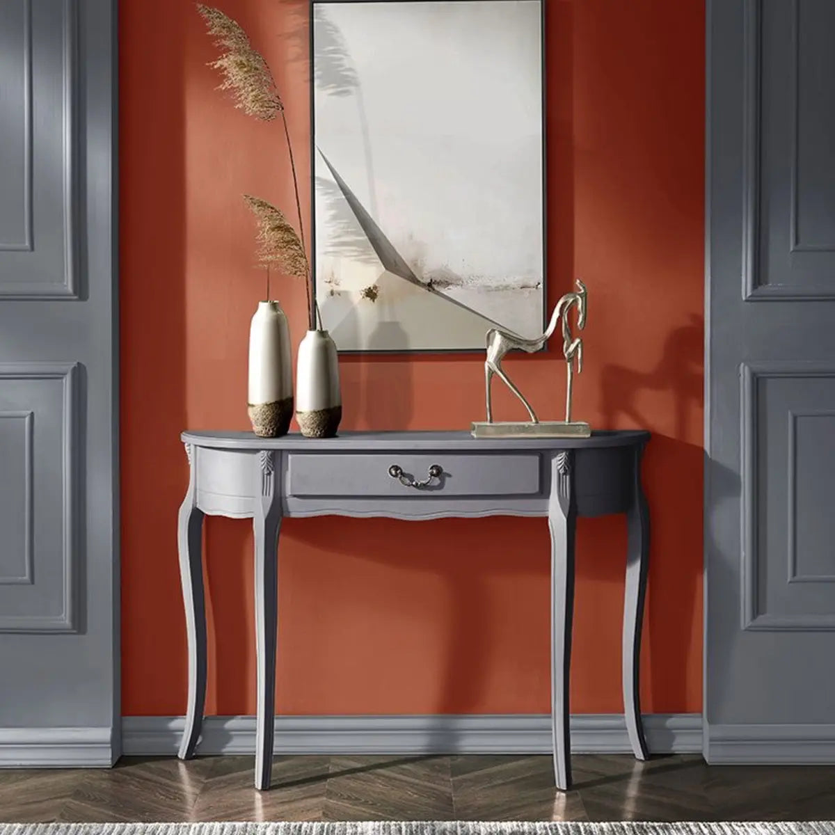 Half Moon Wood Grey Storage Console Table with Drawers Image - 5