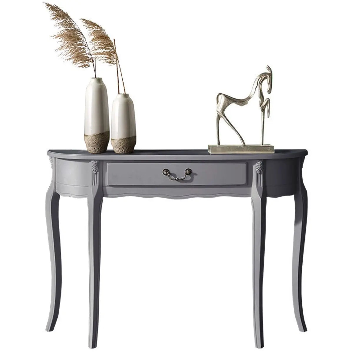 Half Moon Wood Grey Storage Console Table with Drawers Image - 6