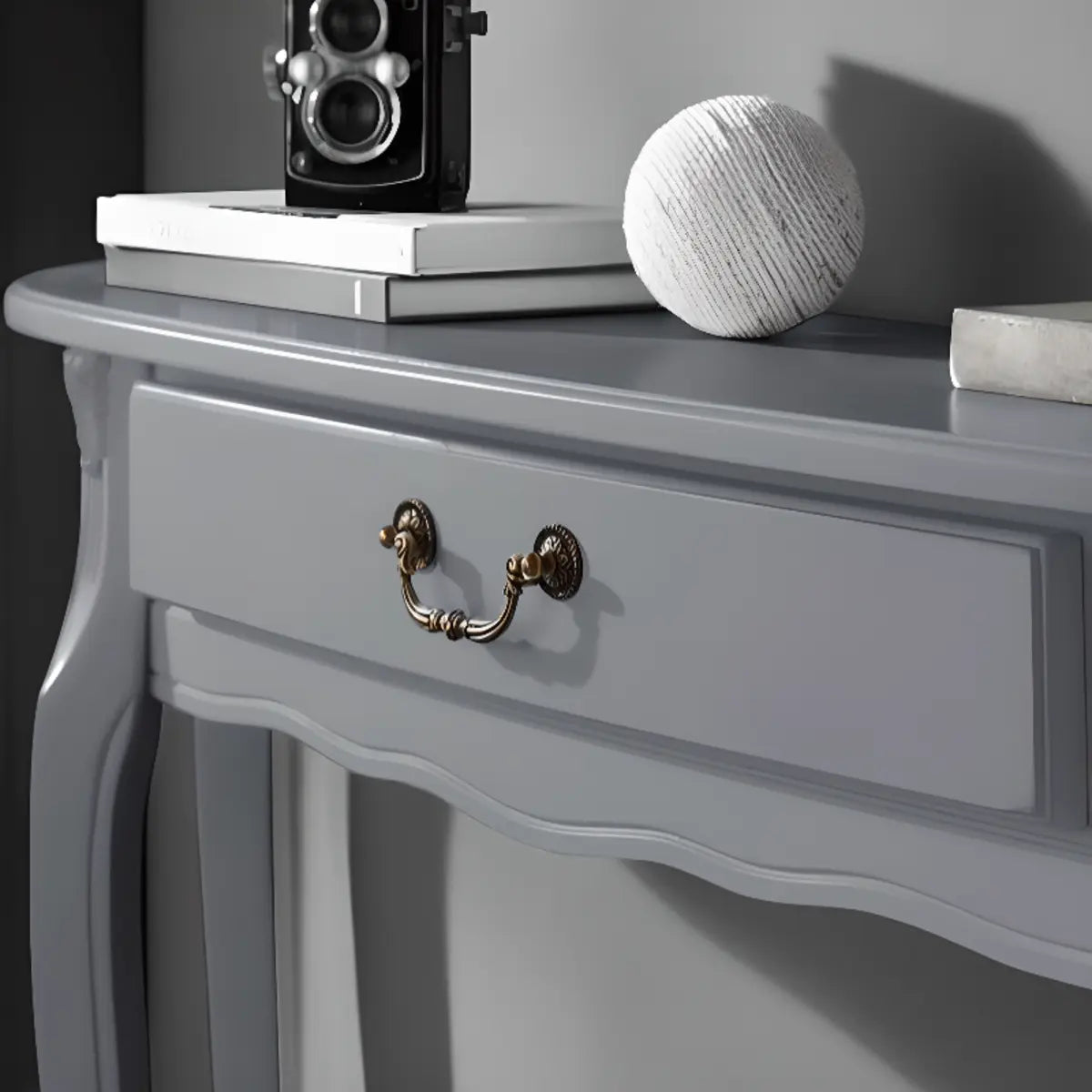 Half Moon Wood Grey Storage Console Table with Drawers Image - 9