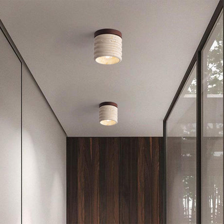 Hallway Beige Cylinder Stone Flush Mount Ceiling Light Image - 1