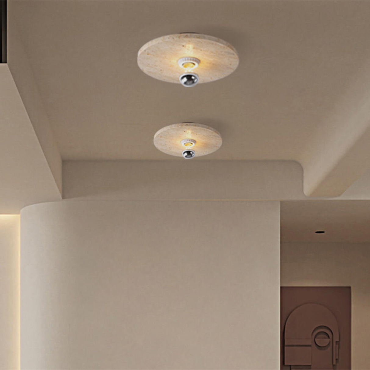 Hallway Beige Cylinder Stone Flush Mount Ceiling Light Image - 4