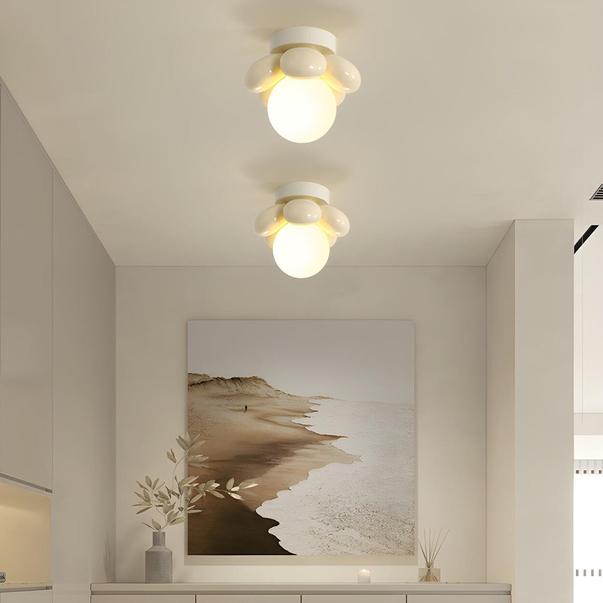 Hallway Beige Flower Semi-Flush Mount Ceiling Light Image - 4