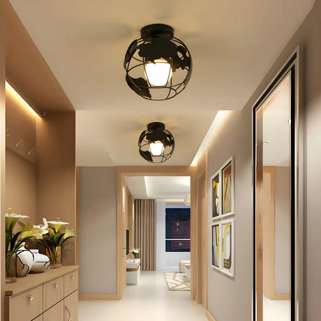 Hallway Black Iron Globe Flush Mount Ceiling Light Image - 1