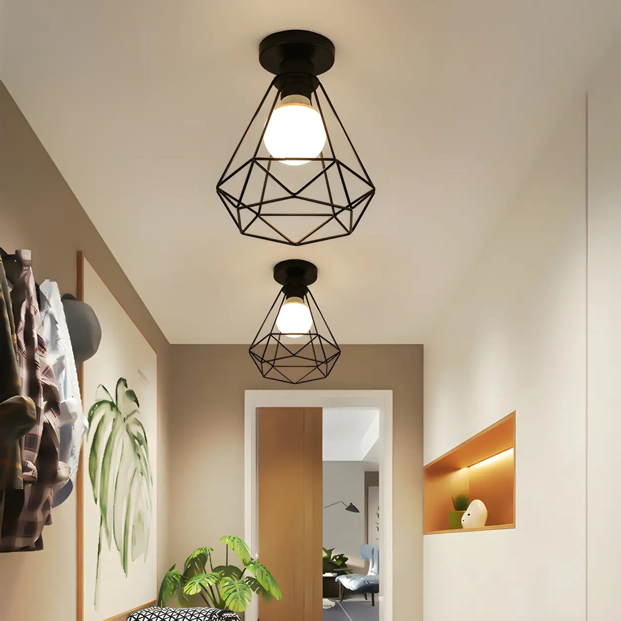 Hallway Black Iron Globe Flush Mount Ceiling Light Image - 6