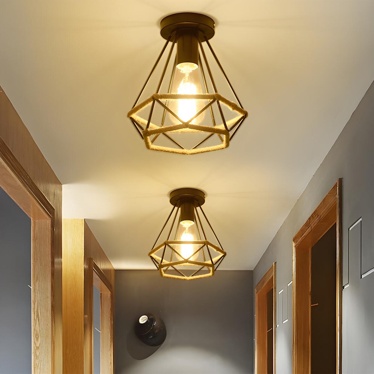 Hallway Black Metal Diamond Rope Semi-Flush Mount Light Image - 1