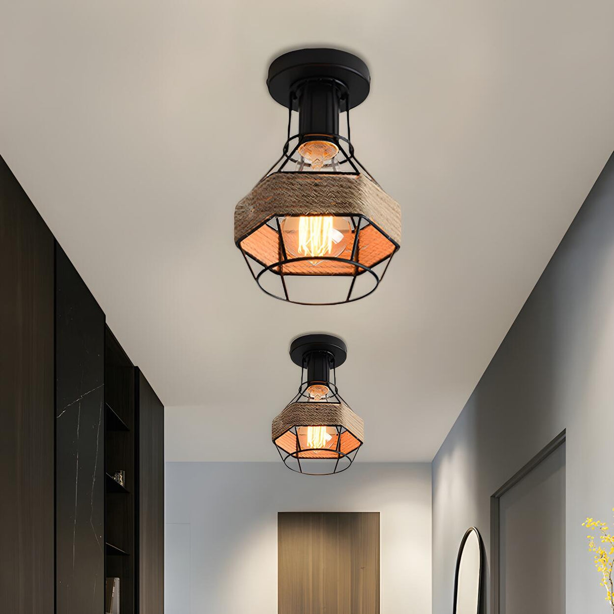 Hallway Black Metal Diamond Rope Semi-Flush Mount Light Image - 11