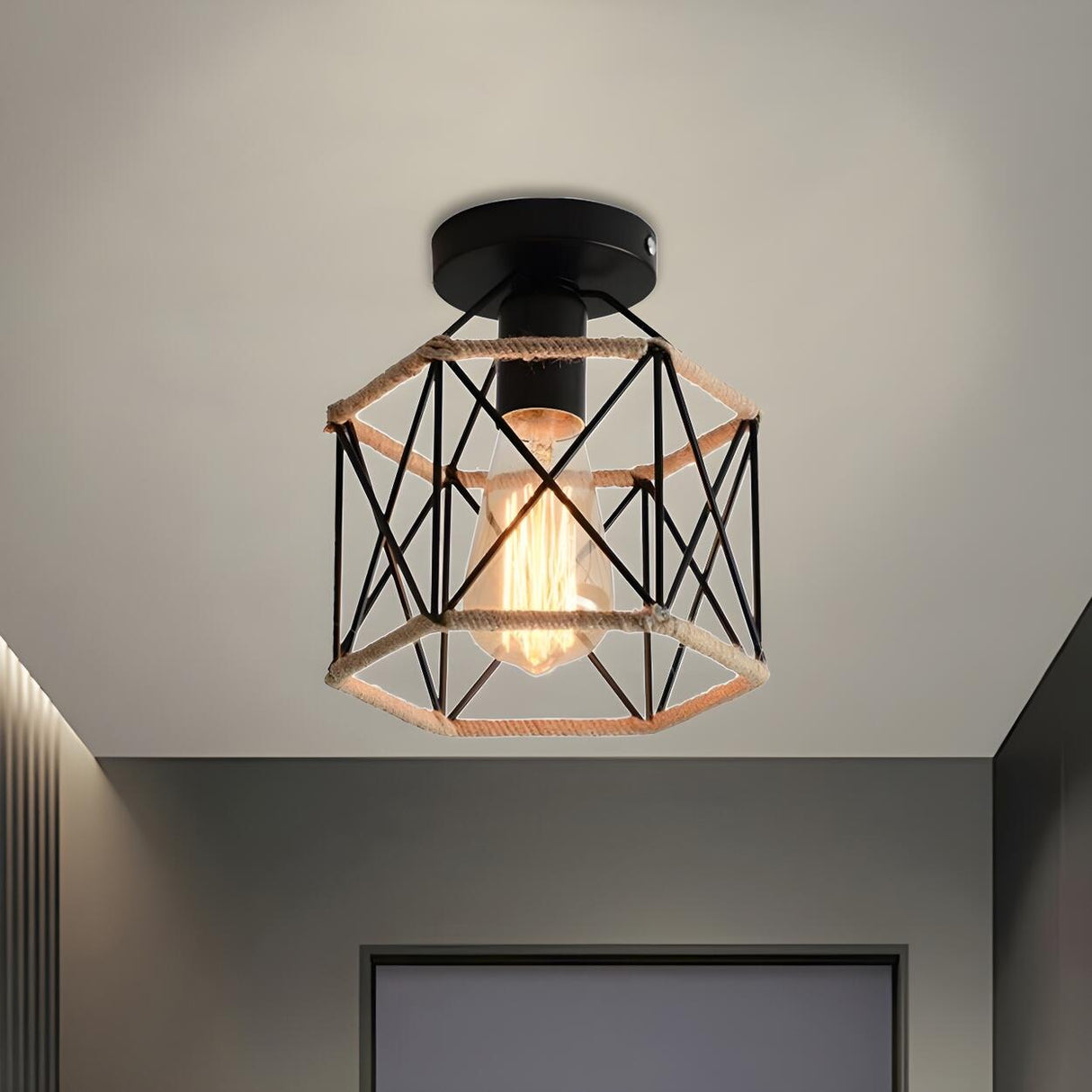 Hallway Black Metal Diamond Rope Semi-Flush Mount Light Image - 5