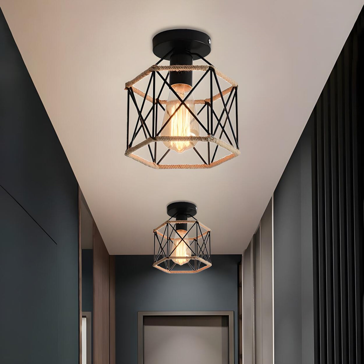 Hallway Black Metal Diamond Rope Semi-Flush Mount Light Image - 6