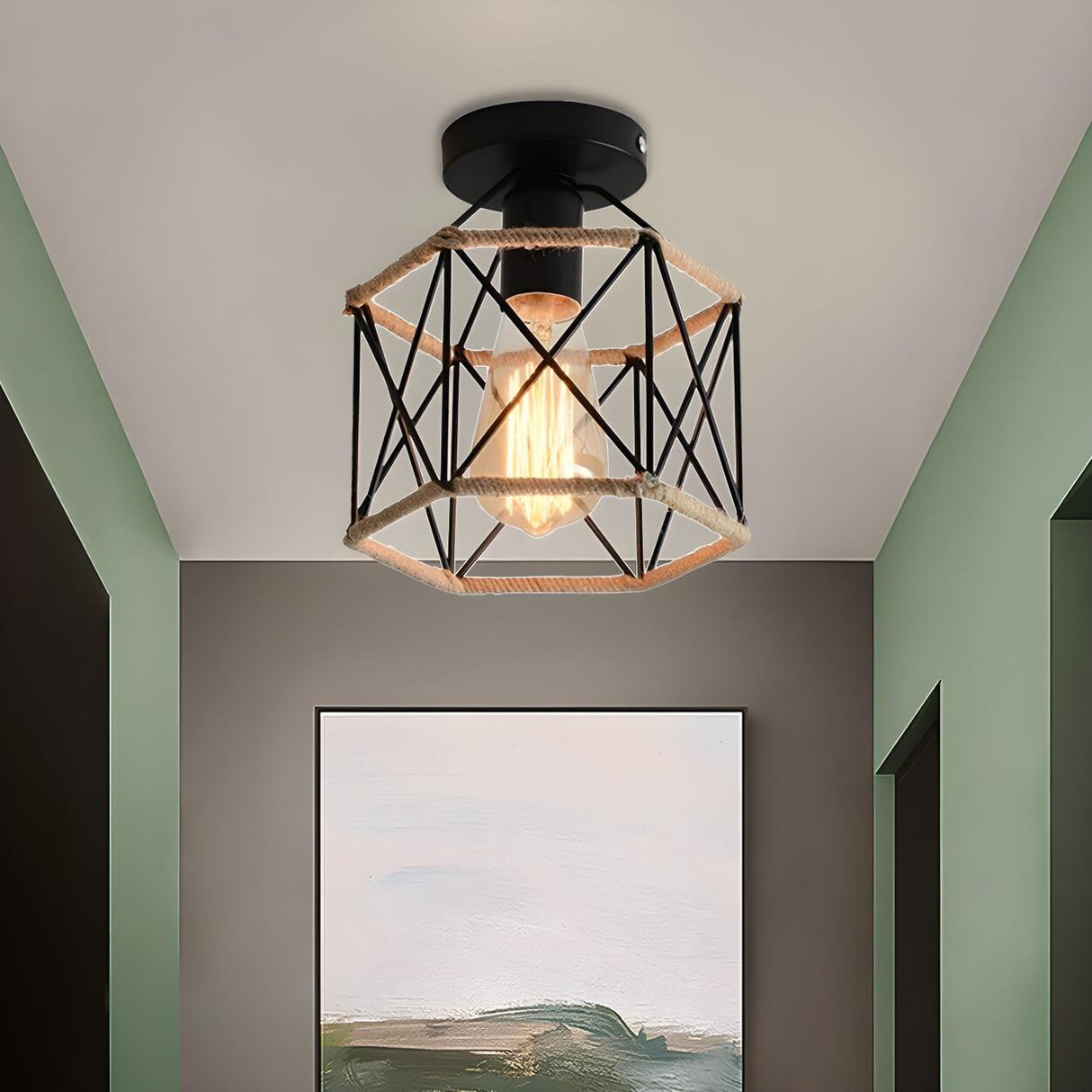 Hallway Black Metal Diamond Rope Semi-Flush Mount Light Image - 7