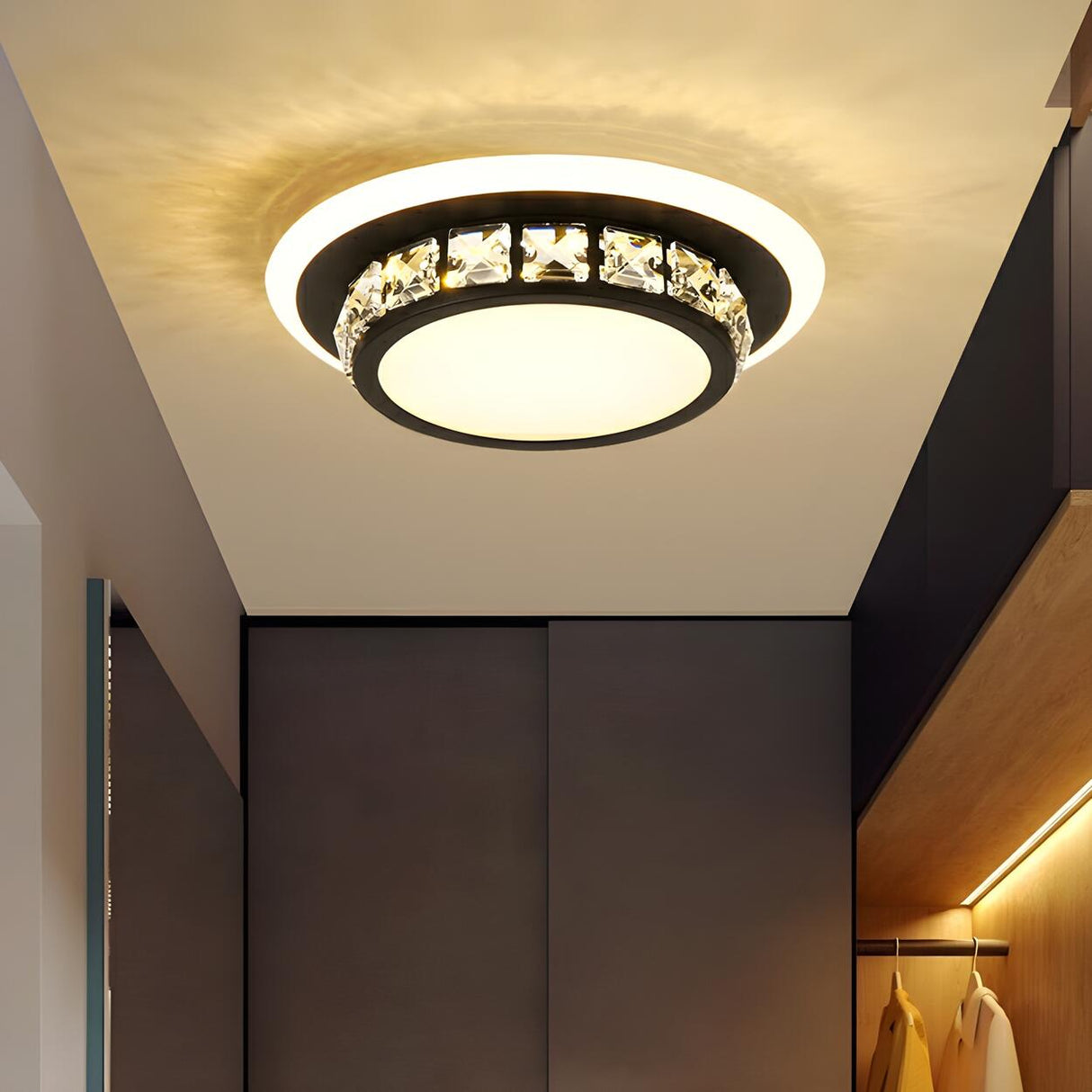 Hallway Black Round Crystal Flush Mount Ceiling Light Image - 1