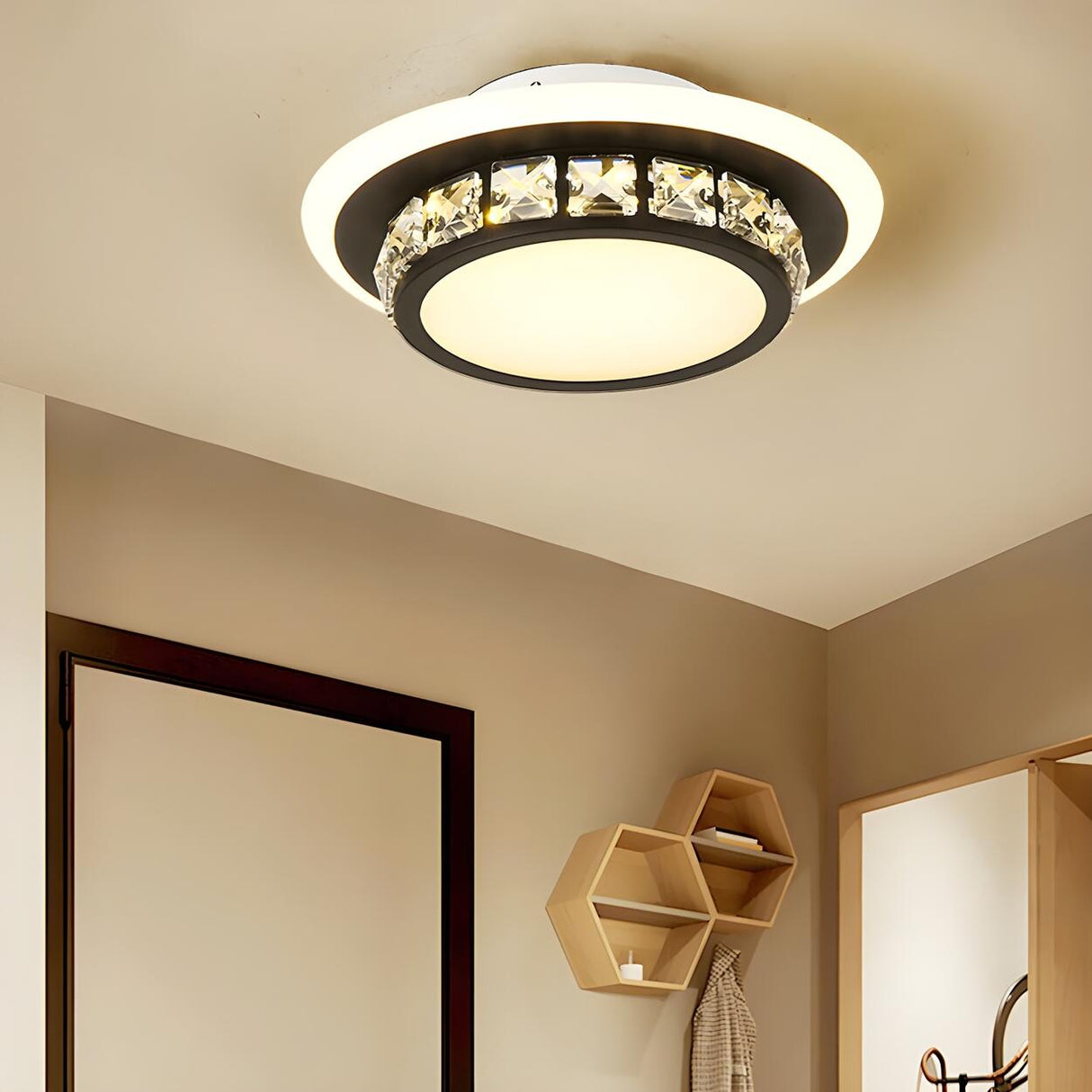 Hallway Black Round Crystal Flush Mount Ceiling Light Image - 18