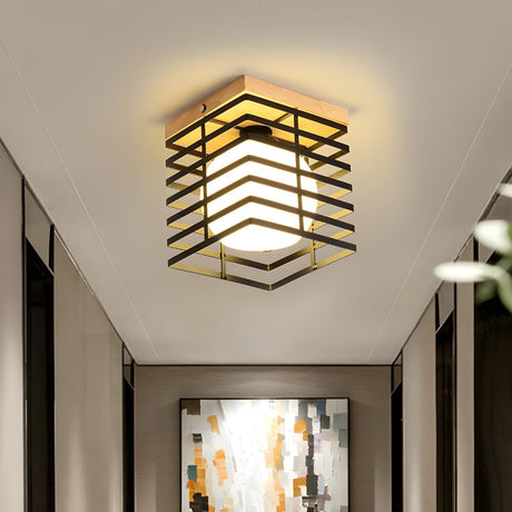 Hallway Black Square Cage Flush Mount Ceiling Light Image - 1