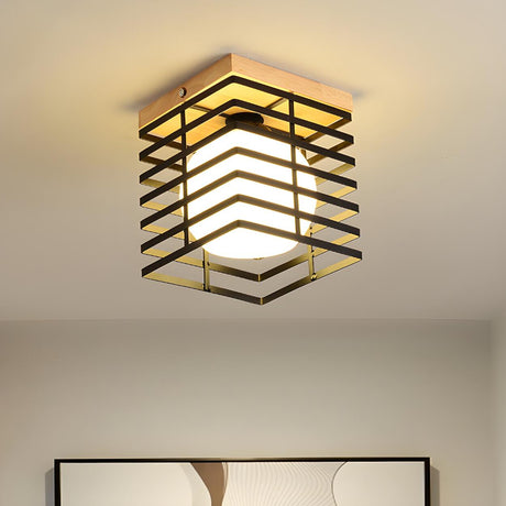 Hallway Black Square Cage Flush Mount Ceiling Light Image - 2